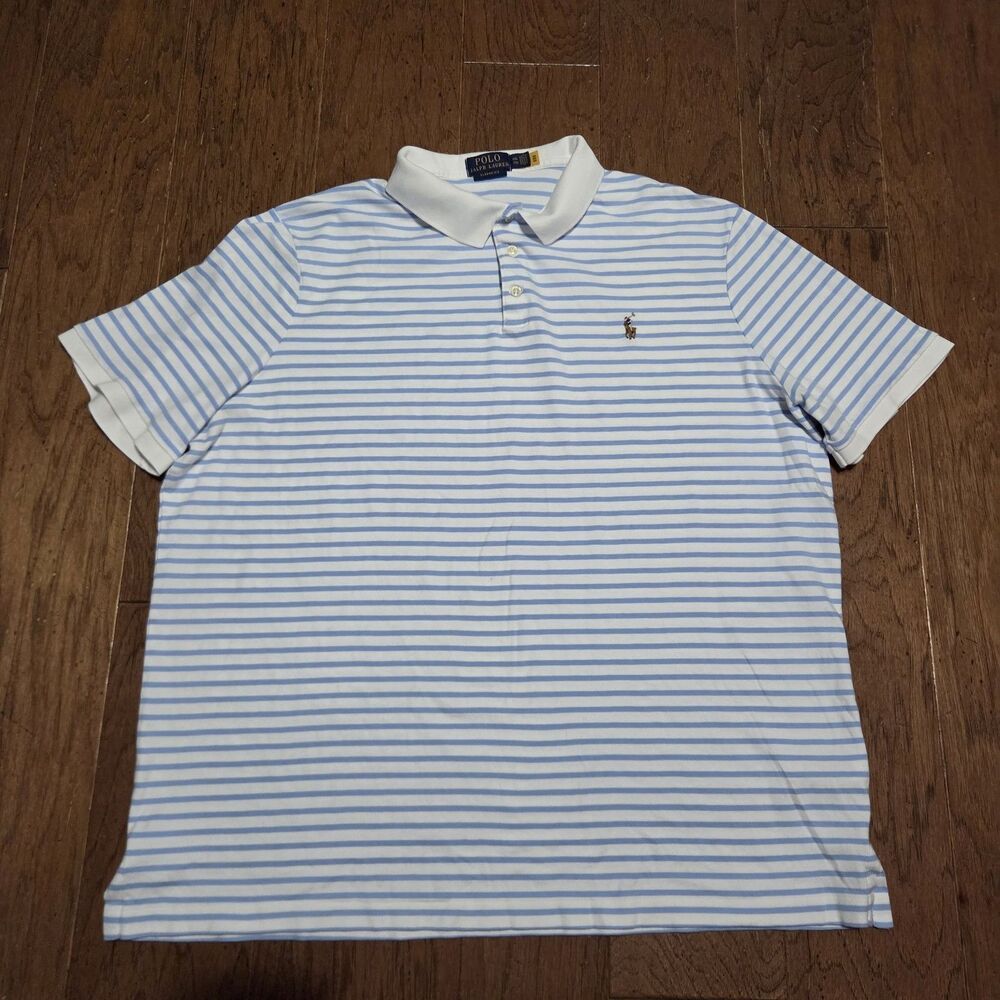 Polo Ralph Lauren Soft Polo Shirt Mens 2XL Blue Striped Classic Fit Flesh Pony